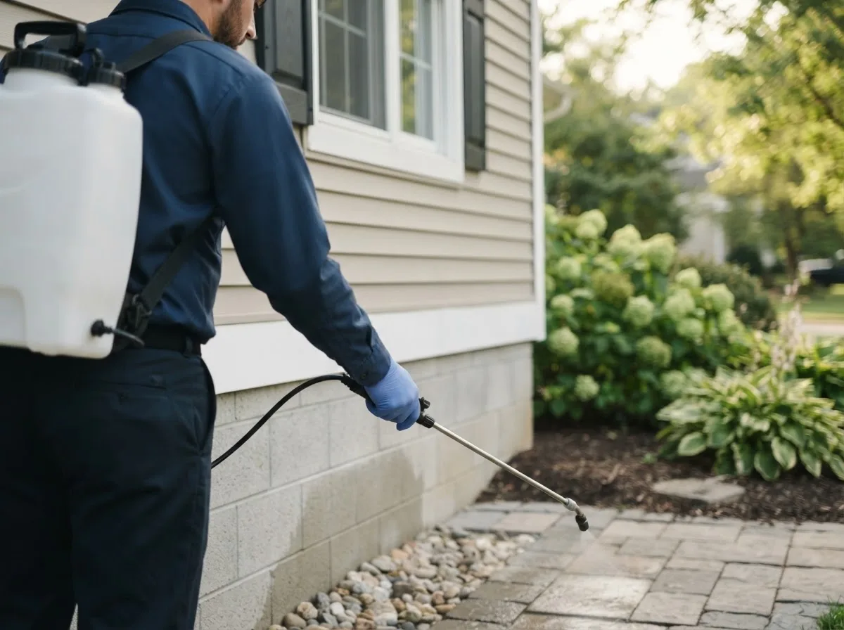 Pest control technician inspecting a home in Mooreville, MS